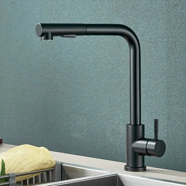 Black Pull-Out Kitchen Tap – Flexible 2-Mode Nozzle for Stream and Spray, Stainless Steel Mixer for Hot and Cold Water