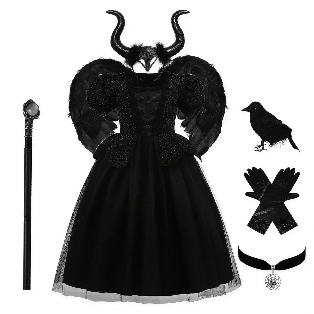 Girls' Horned Witch Fancy Dress - Black Tulle Gala Dress Costume