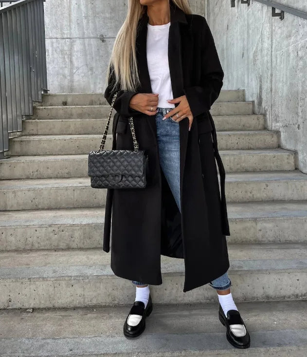Women's Long Lapel Coat – Plain, Casual for Autumn and Winter