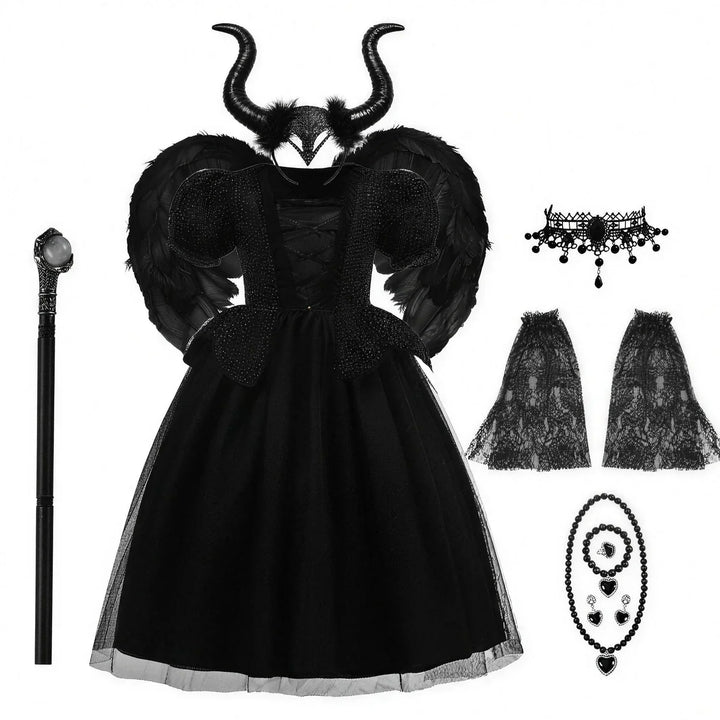 Girls' Horned Witch Fancy Dress - Black Tulle Gala Dress Costume