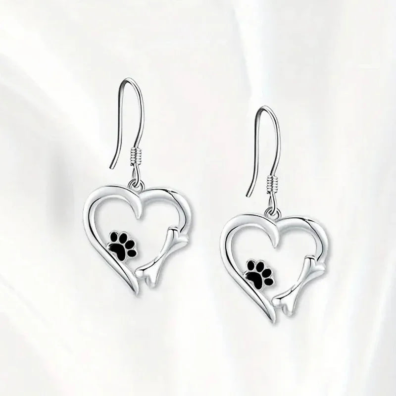 Silver Dangle Earrings with Heart & Paw Design