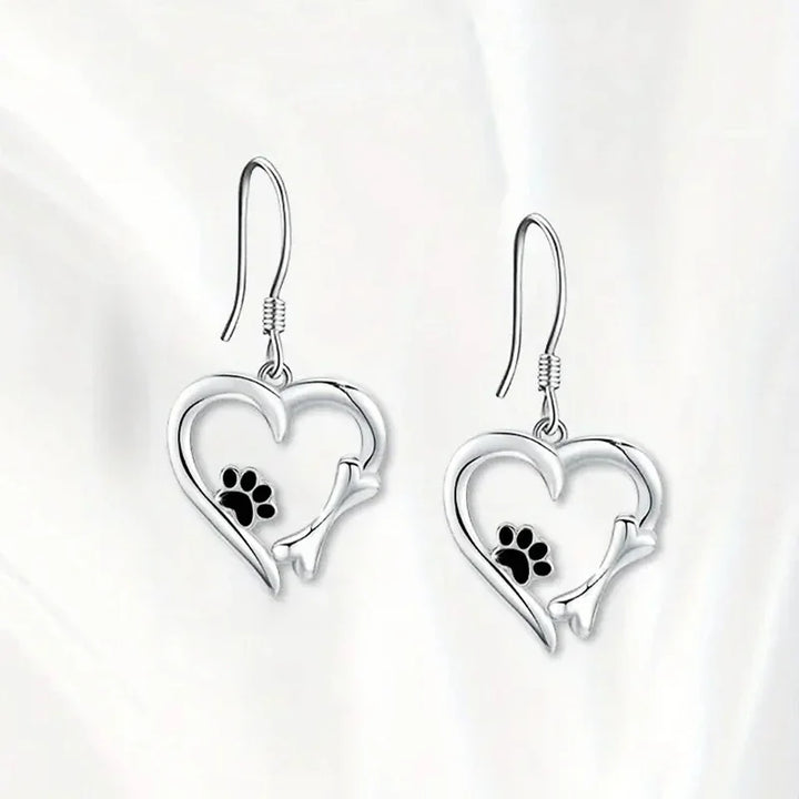 Silver Dangle Earrings with Heart & Paw Design