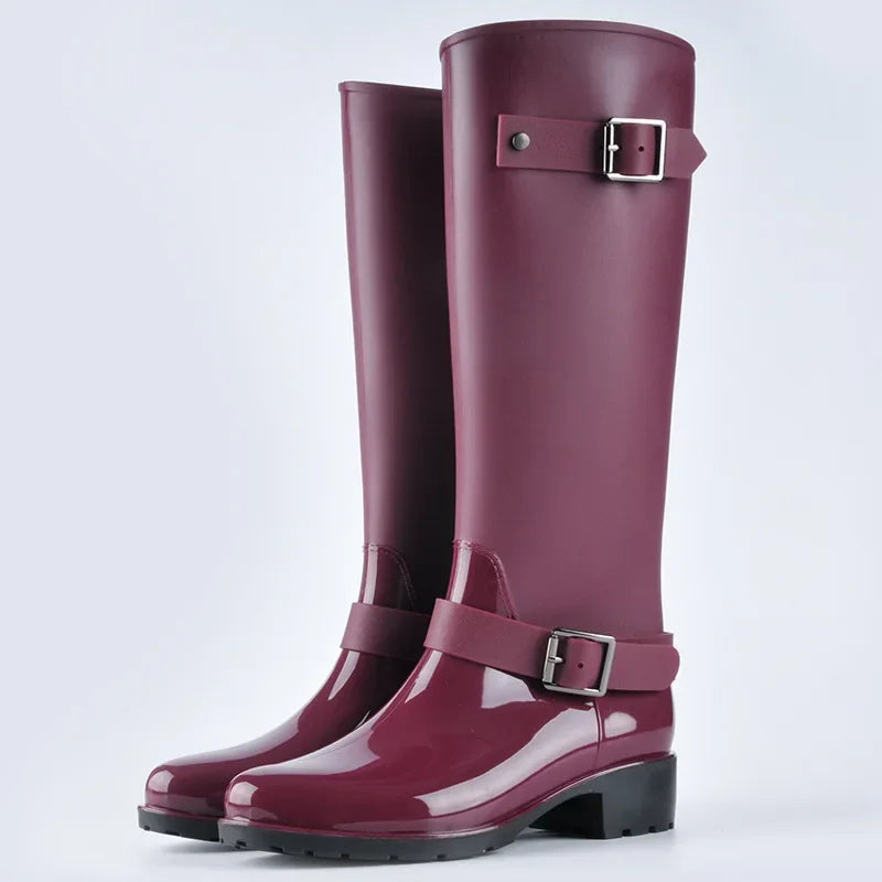 Tall Women's Waterproof Wellington Boots with Buckles & Block Heel – Elenya