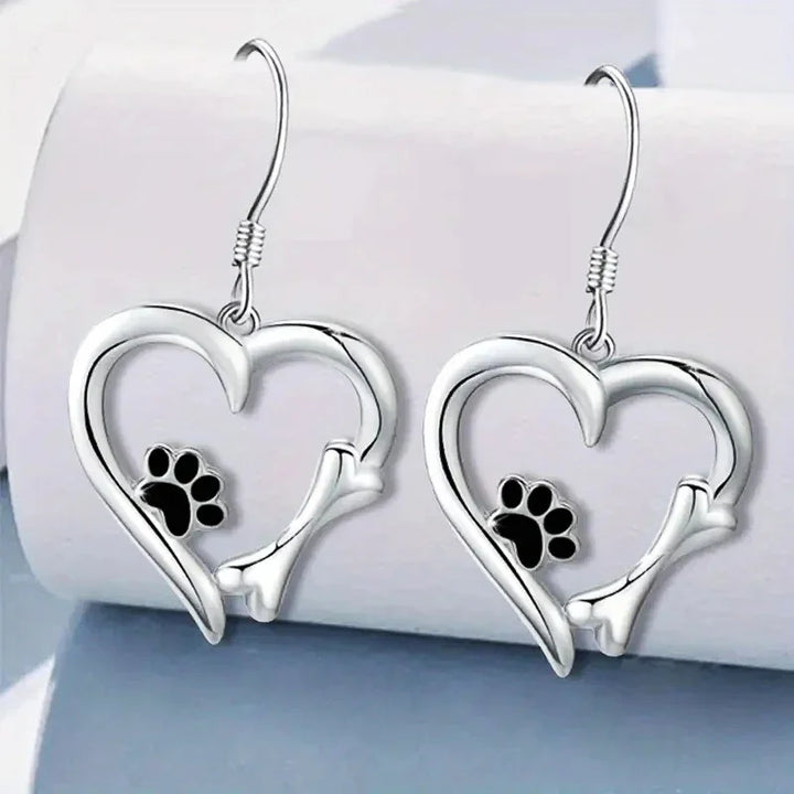 Silver Dangle Earrings with Heart & Paw Design