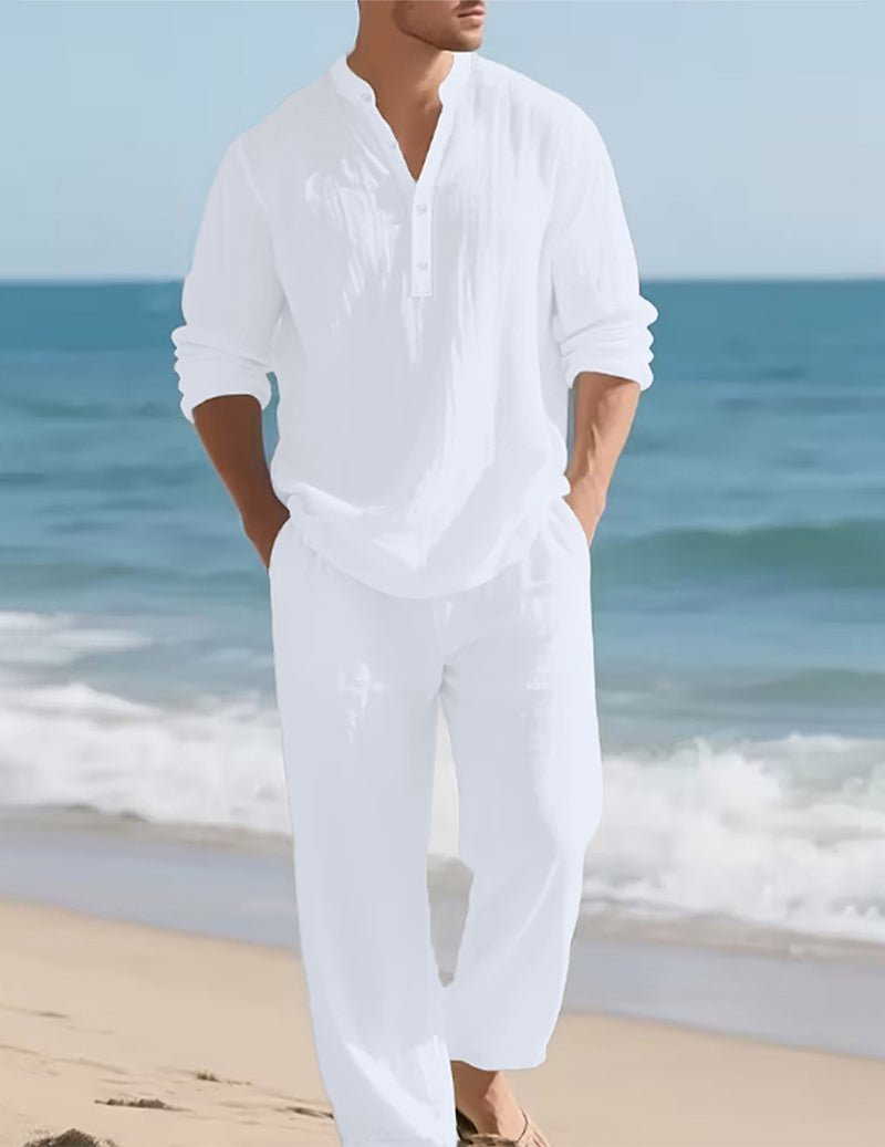 Men's Linen Henley Shirt and Relaxed Trousers Two-Piece Set