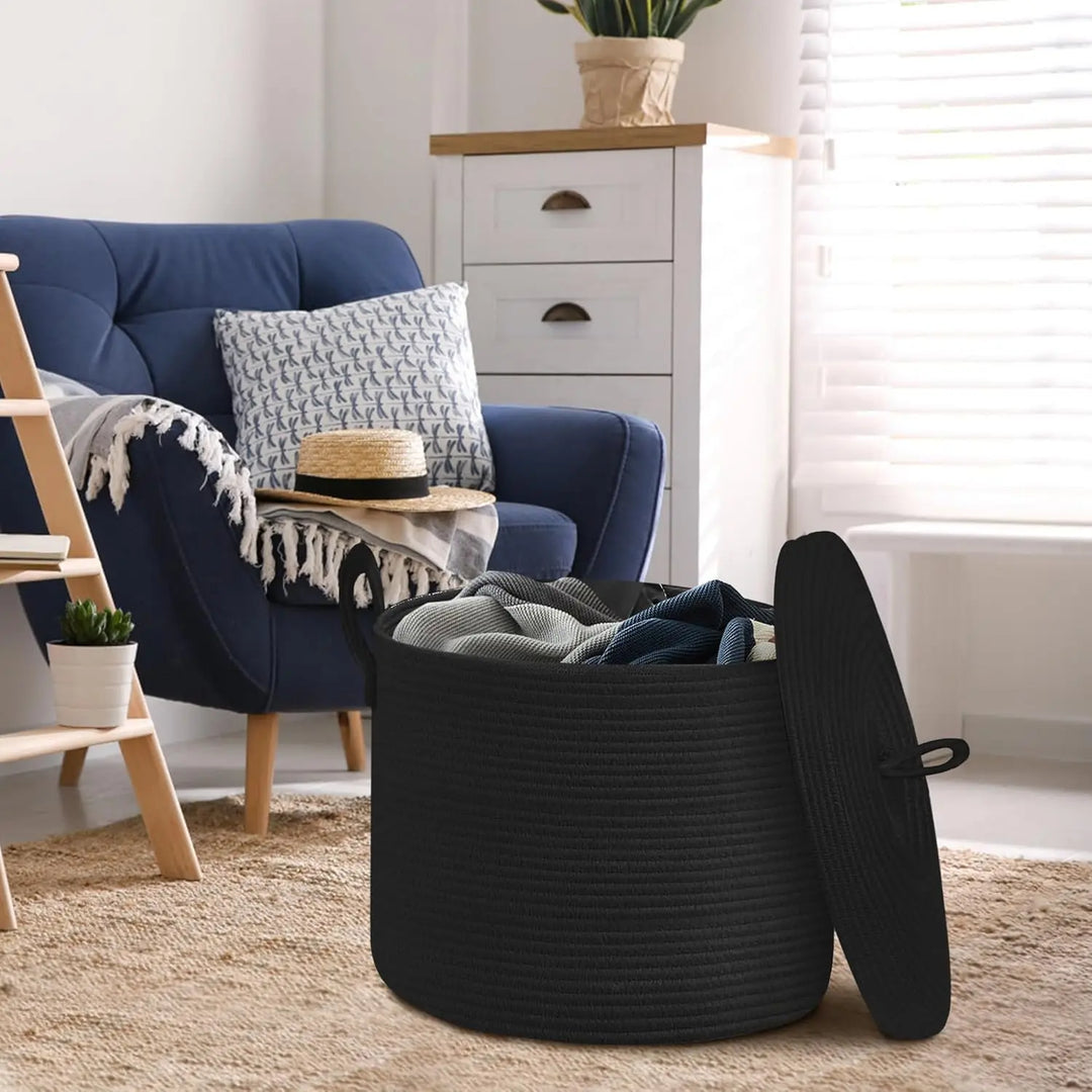 Large Black Cotton Rope Storage Basket with Lid – Selwyn