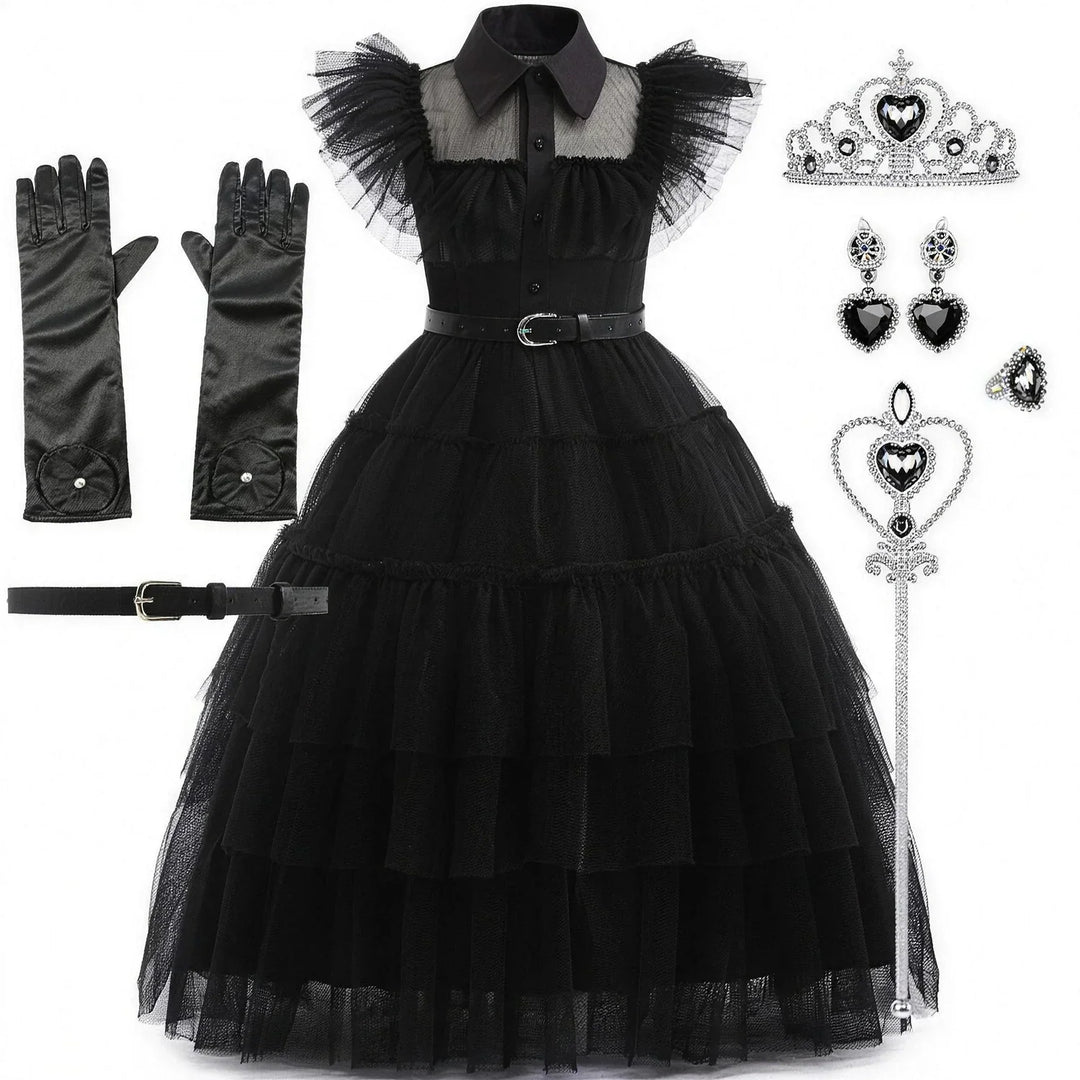 Girls' Gothic Fancy Dress Black – Tulle Dress with Collar