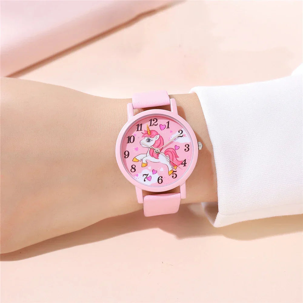 Kids' Watch with Cute Unicorn – PU Leather Strap and Cartoon Design