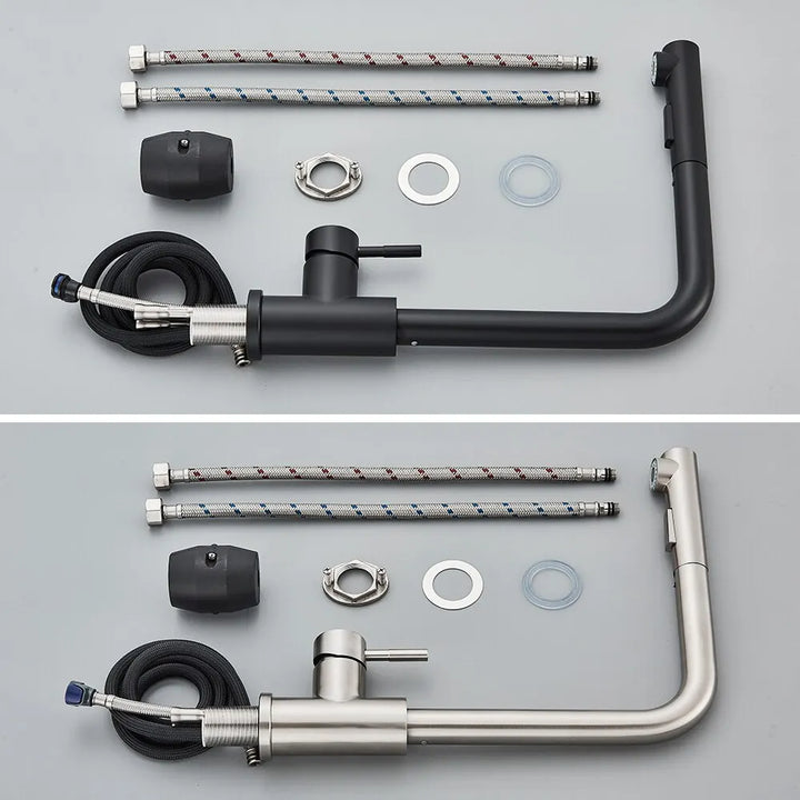 Black Pull-Out Kitchen Tap – Flexible 2-Mode Nozzle for Stream and Spray, Stainless Steel Mixer for Hot and Cold Water