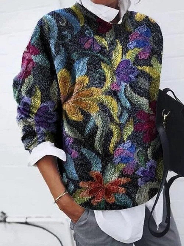 Women's Floral Print Jumper – Knitted Pullover with Patterned Print