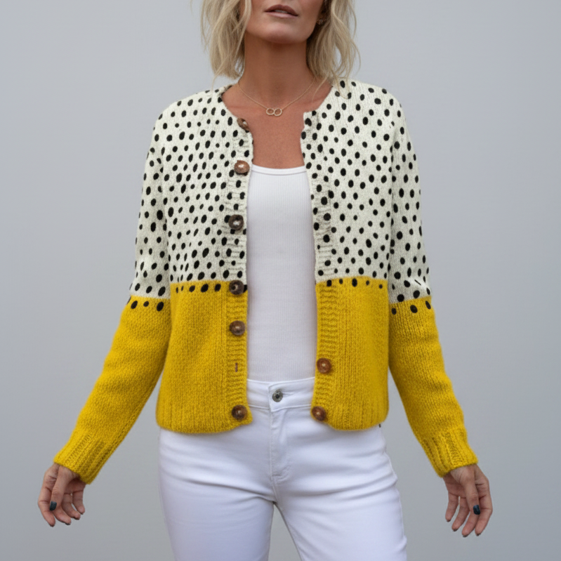 Women's Cardigan with Polka Dot Print – Knitted Open Cardigan