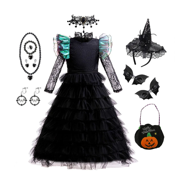 Girls' Witch Dress Costume - Emerald Green Ball Gown with Tulle Skirt