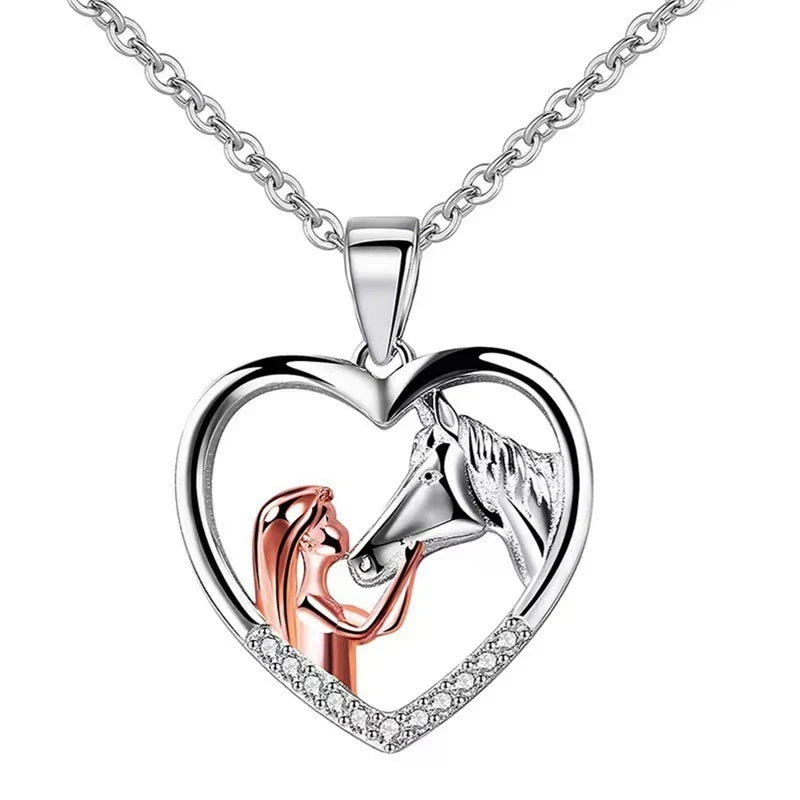 Beautiful Heart Zircon Girl and Horse Necklace