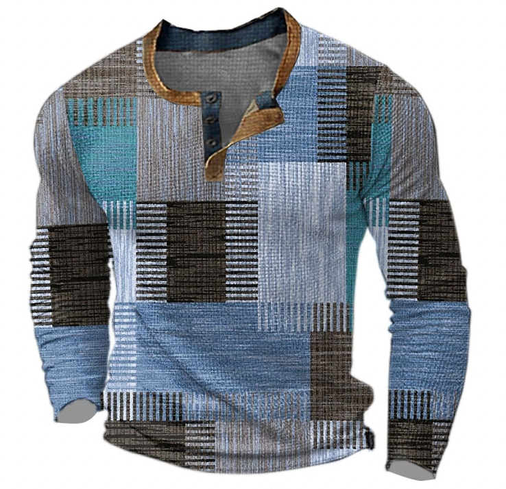 Men's Henley Sweatshirt with Button Placket and Geometric Pattern