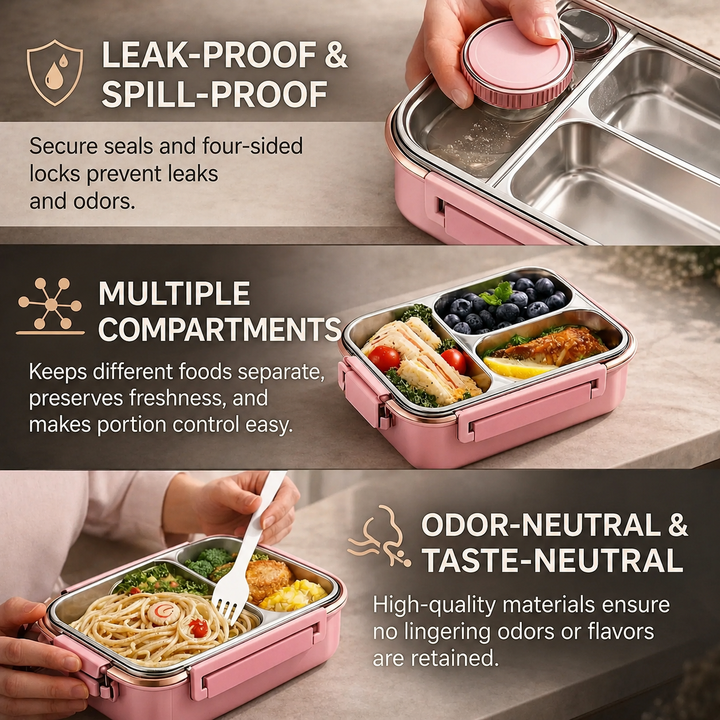 Insulated Thermal Food Container | Stainless Steel Compartments | Leak-Proof Lid