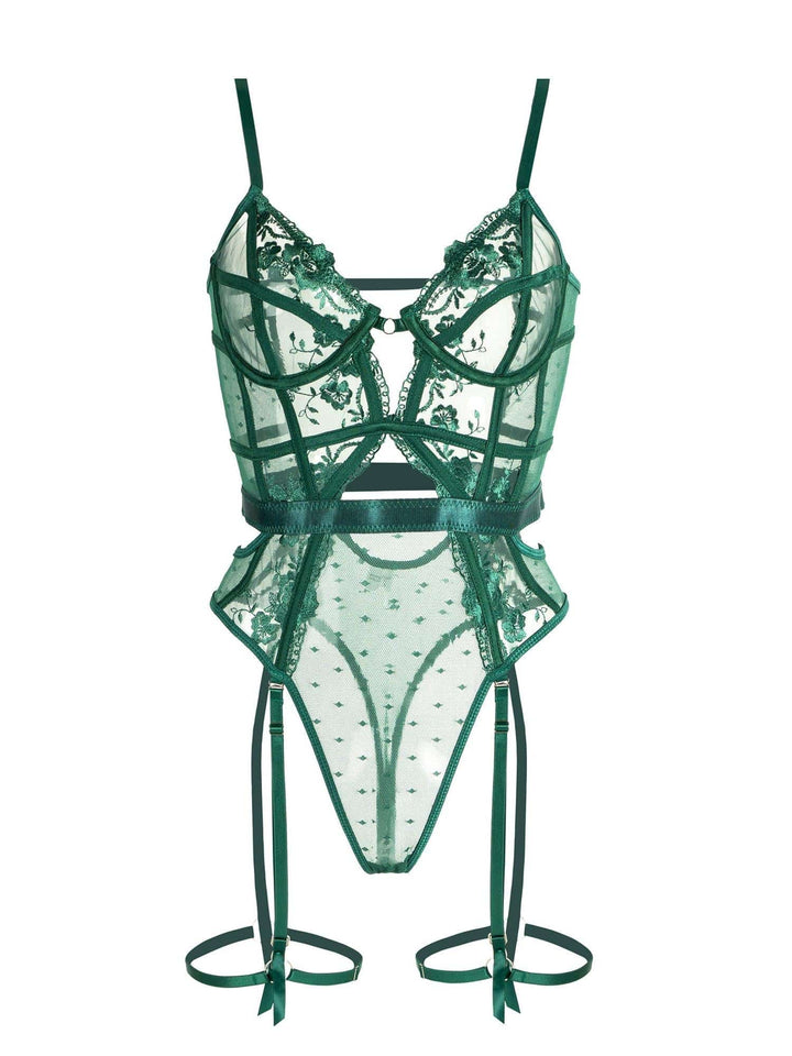 Sheer Lace Bodysuit with Suspenders - Alissa