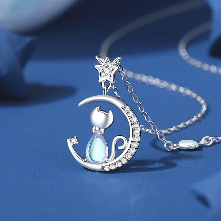 Cat Moon Sterling Silver Necklace