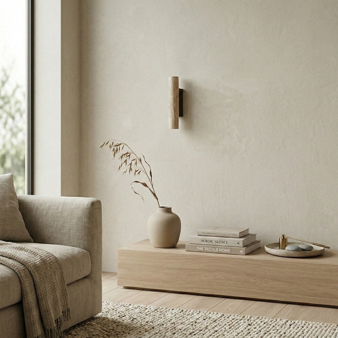 Travertine Vertical Cylinder Wall Lamp – Beige Natural Stone