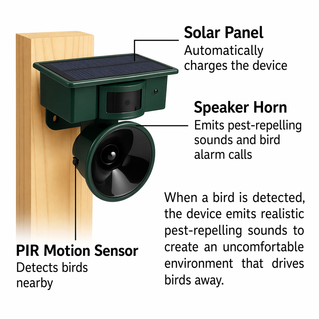 Bird Deterrent Device | Solar-Powered Sensor | Natural Bird of Prey Calls | Birdfend