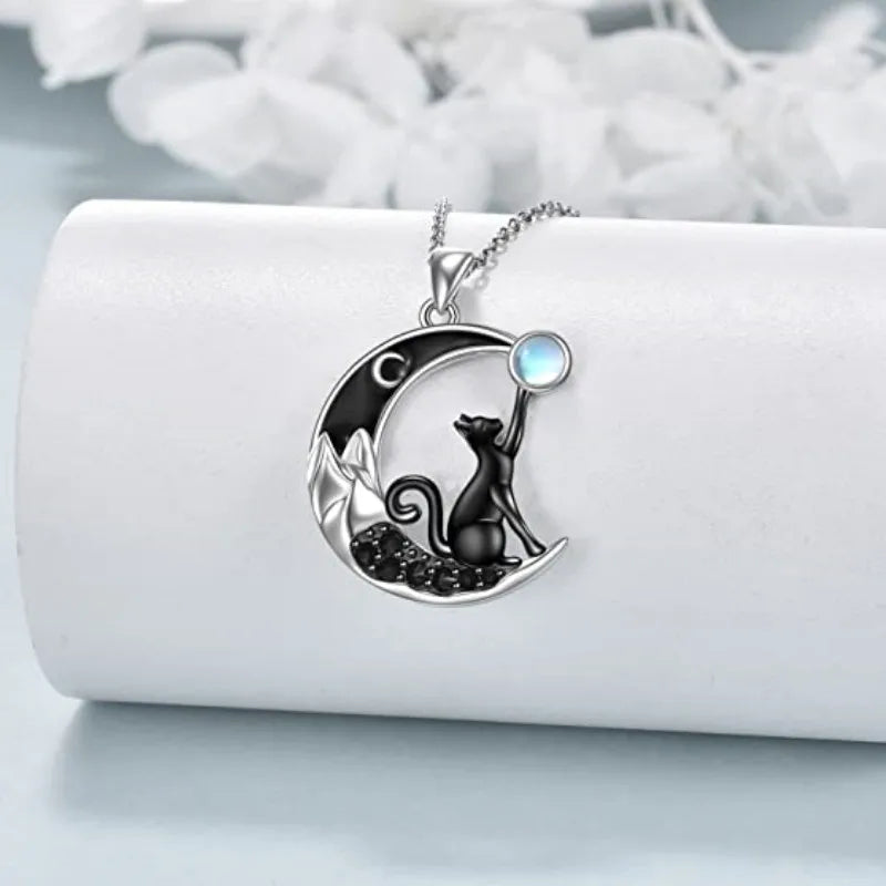 Black Cat Moon Crystal Pendant Necklace
