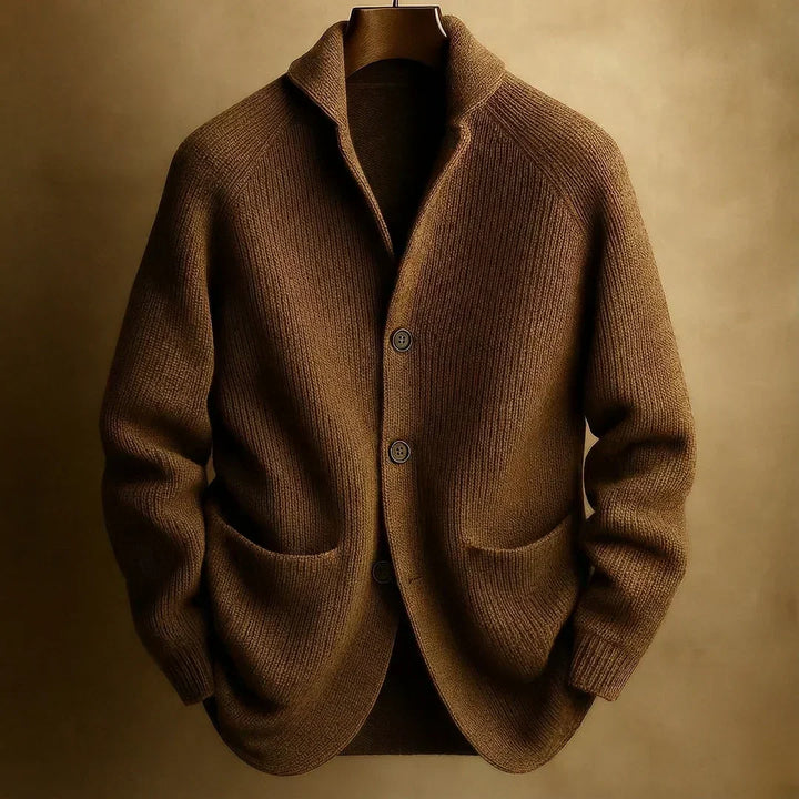 Classic cardigan with button placket, shawl collar and ribbed texture