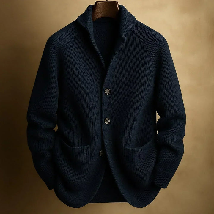 Classic cardigan with button placket, shawl collar and ribbed texture
