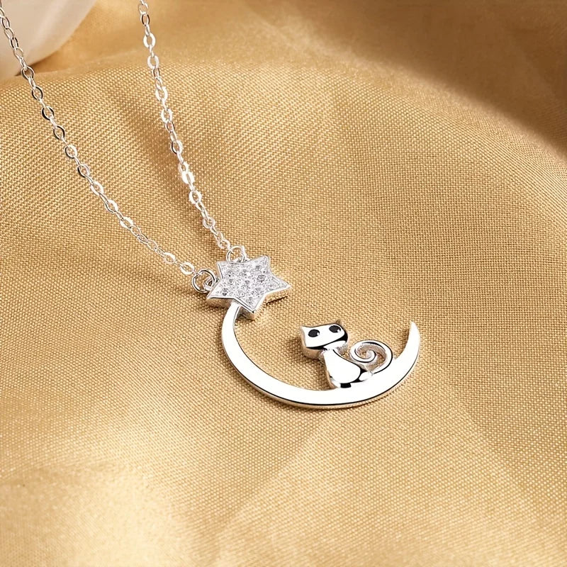 Sterling Silver Cat Moon Star Pendant