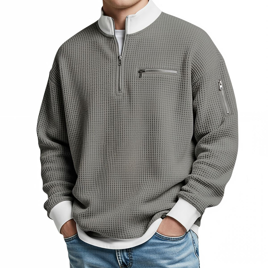 Men's waffle-knit jumper with 1/4 zip at the collar