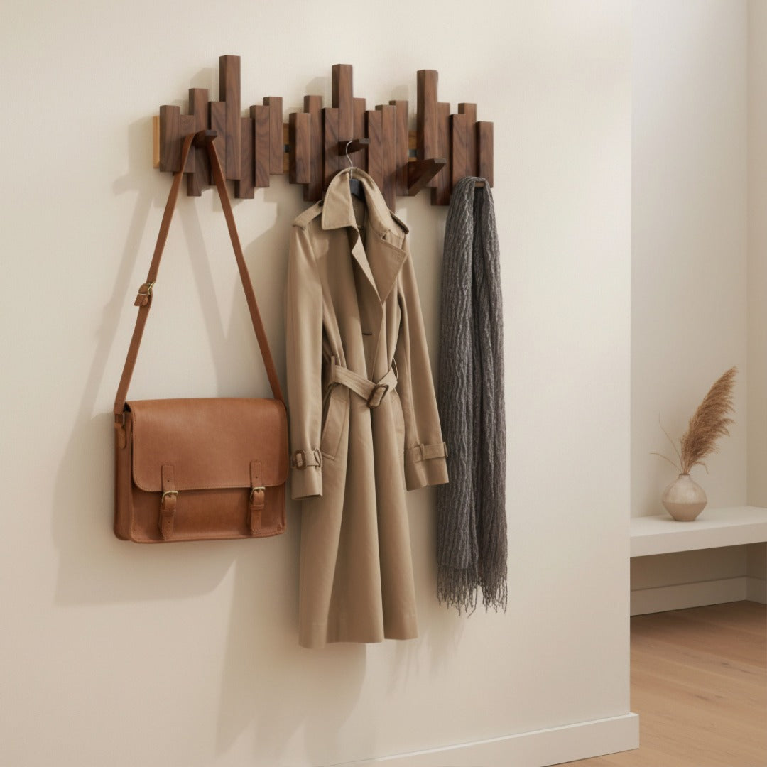 Wooden Piano Wall-Mounted Coat Rack with Folding Hooks - Hall and Bedroom