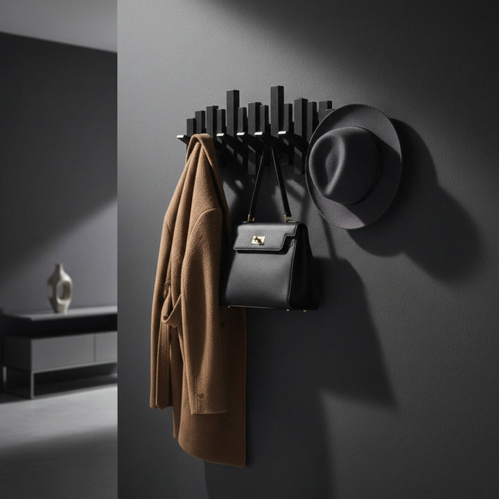 “Piano” Wooden Wall Coat Rack with Folding Hooks – Hallway & Bedroom