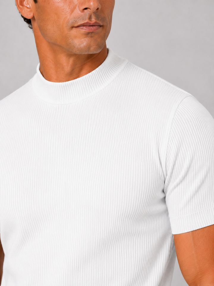 Men's ribbed T-shirt with stand-up collar – fitted stretch short-sleeved top