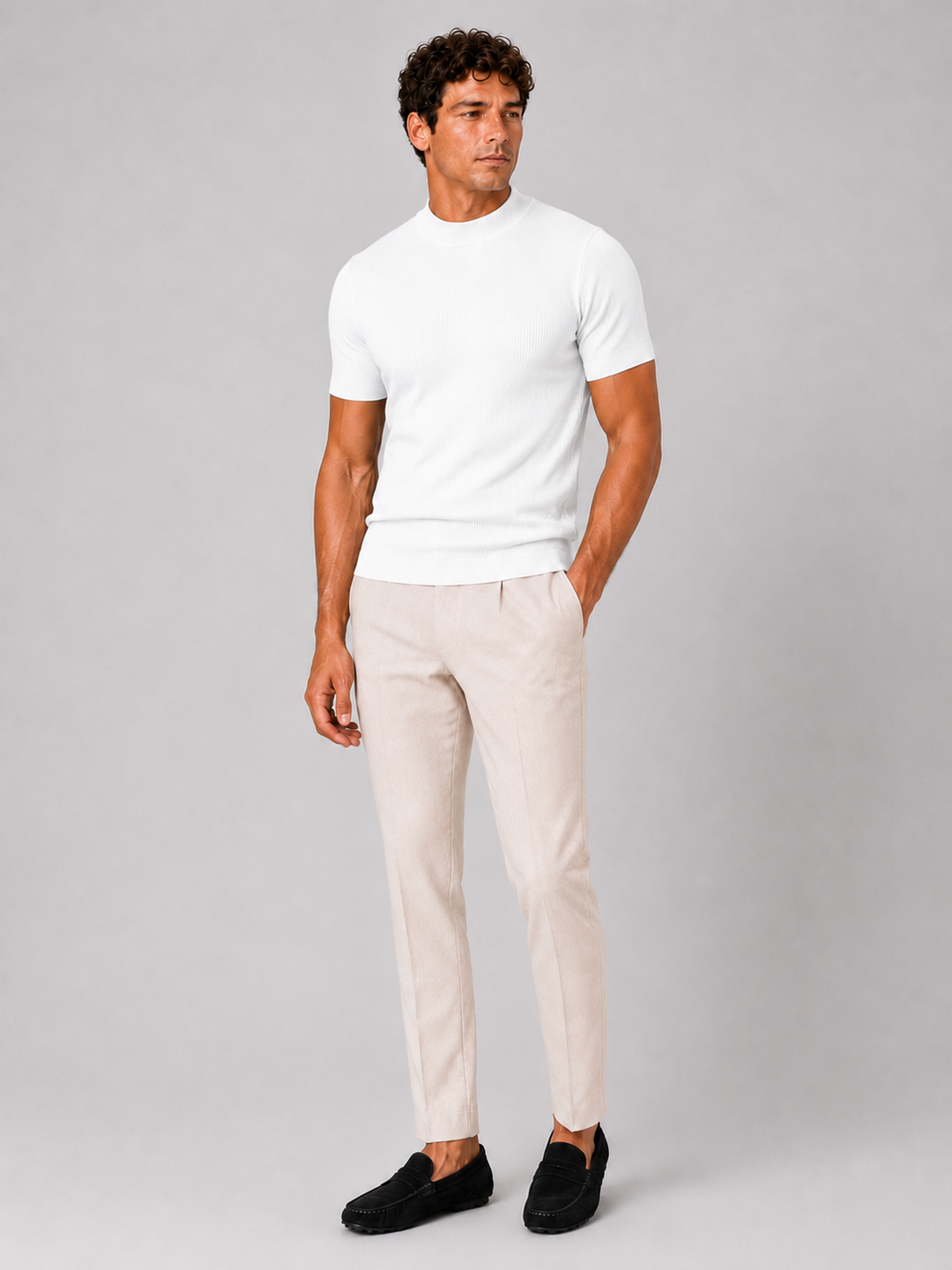 Men's ribbed T-shirt with stand-up collar – fitted stretch short-sleeved top