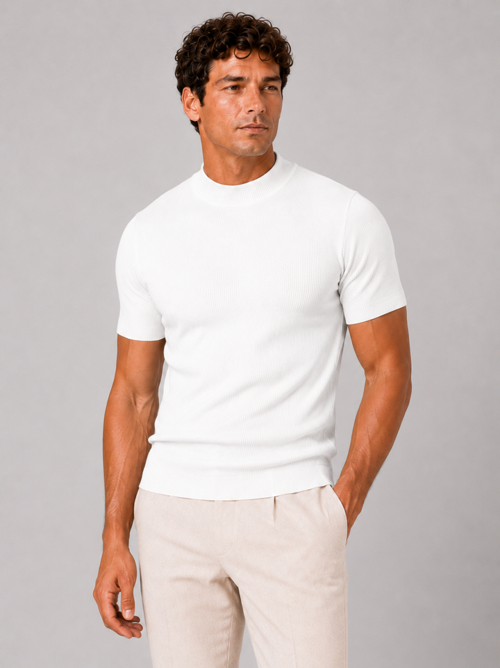 Men's Ribbed Stand-Collar T-Shirt – Fitted Stretch Short-Sleeve Top
