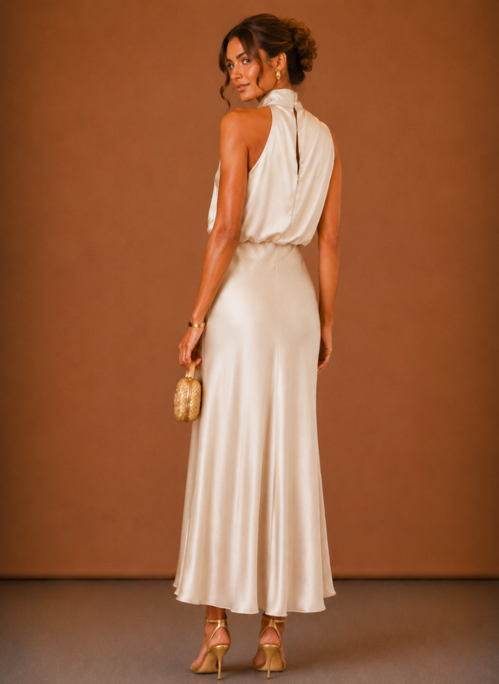 Women's satin halter-neck maxi dress – elegant wedding guest dress
