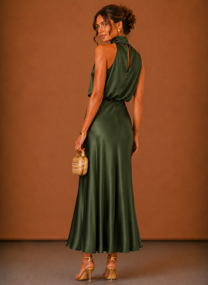 Women's satin halter-neck maxi dress – elegant wedding guest dress