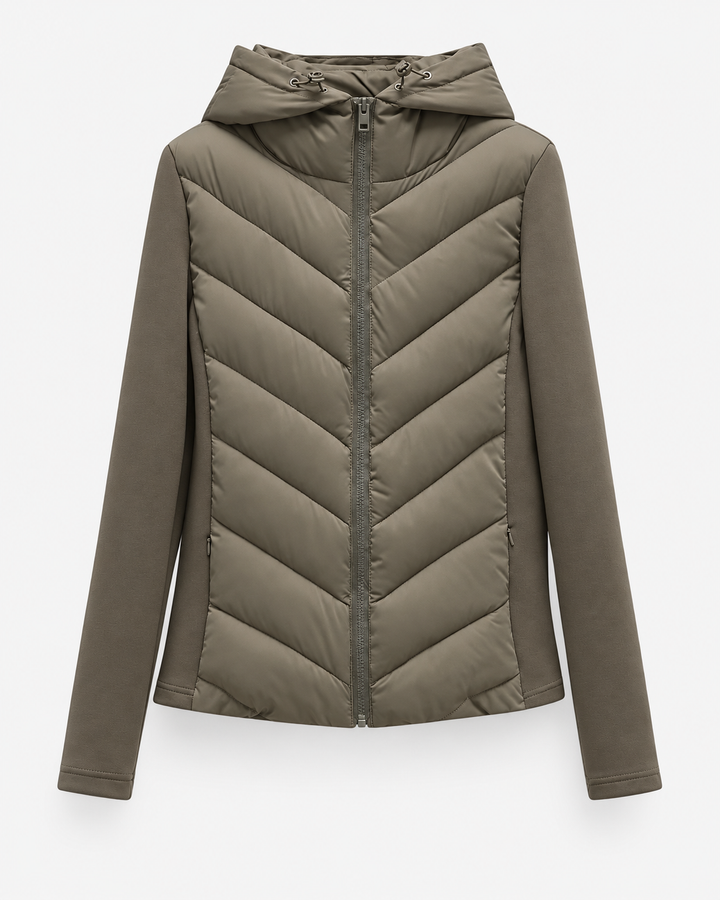 Women's puffer jacket with hood, chevron quilting and front zip