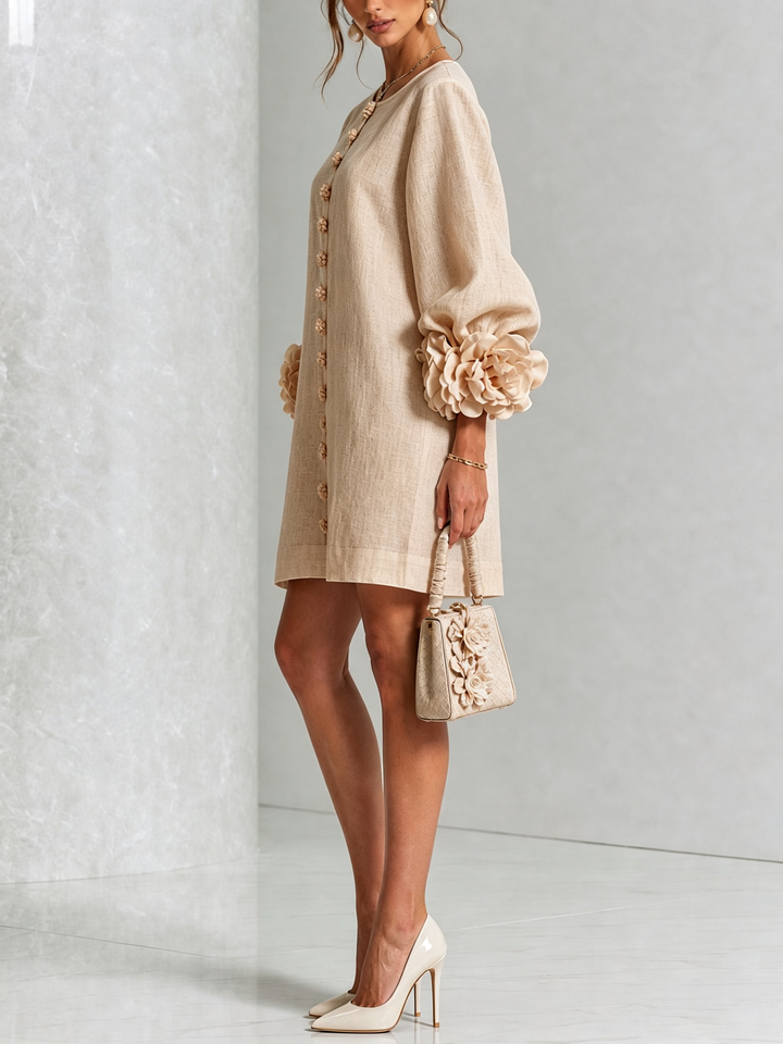 Linen-Blend Shirt Dress with Rosette Trim on the Sleeves.