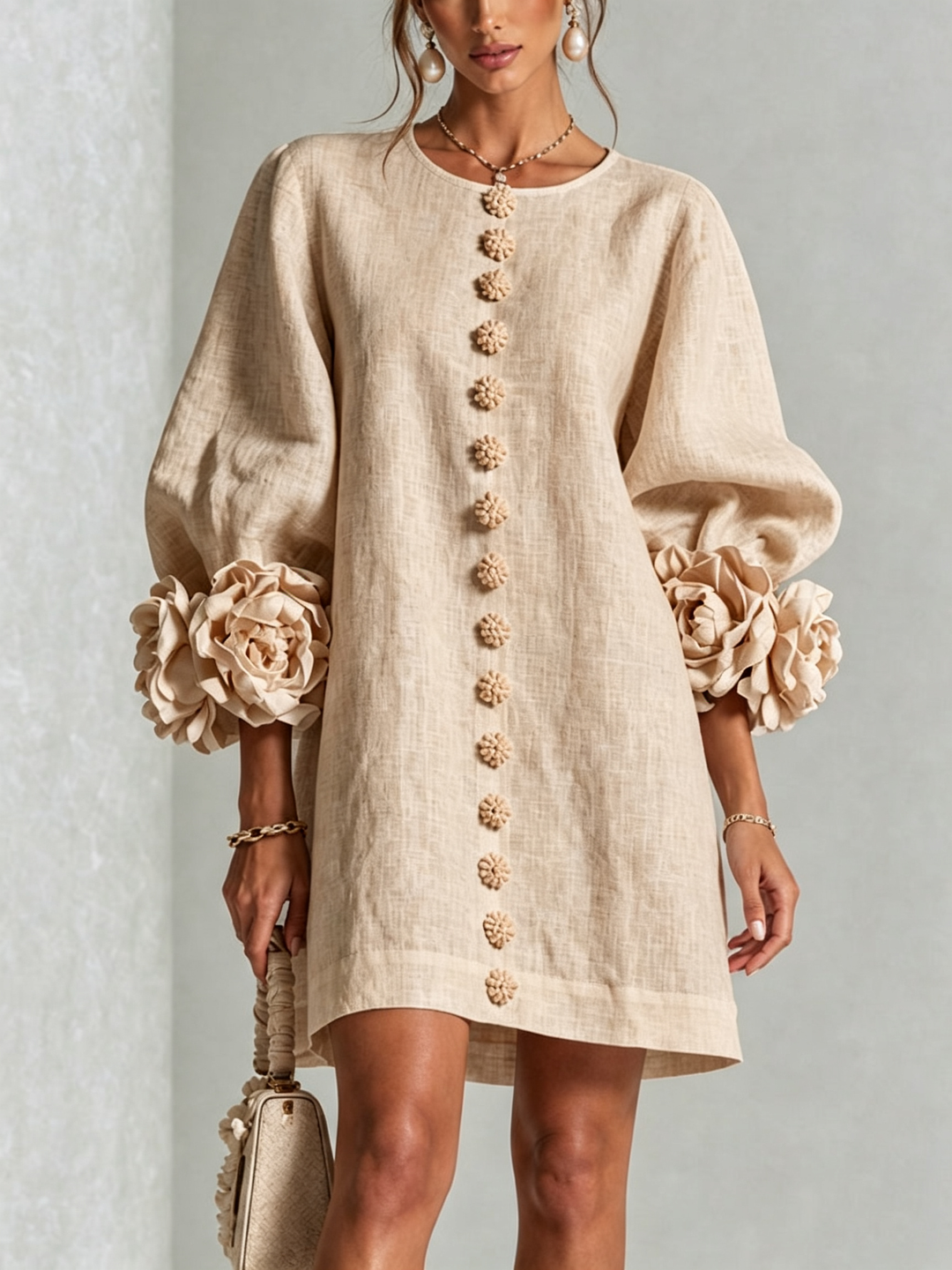 Linen-Blend Shirt Dress with Rosette Trim on the Sleeves.