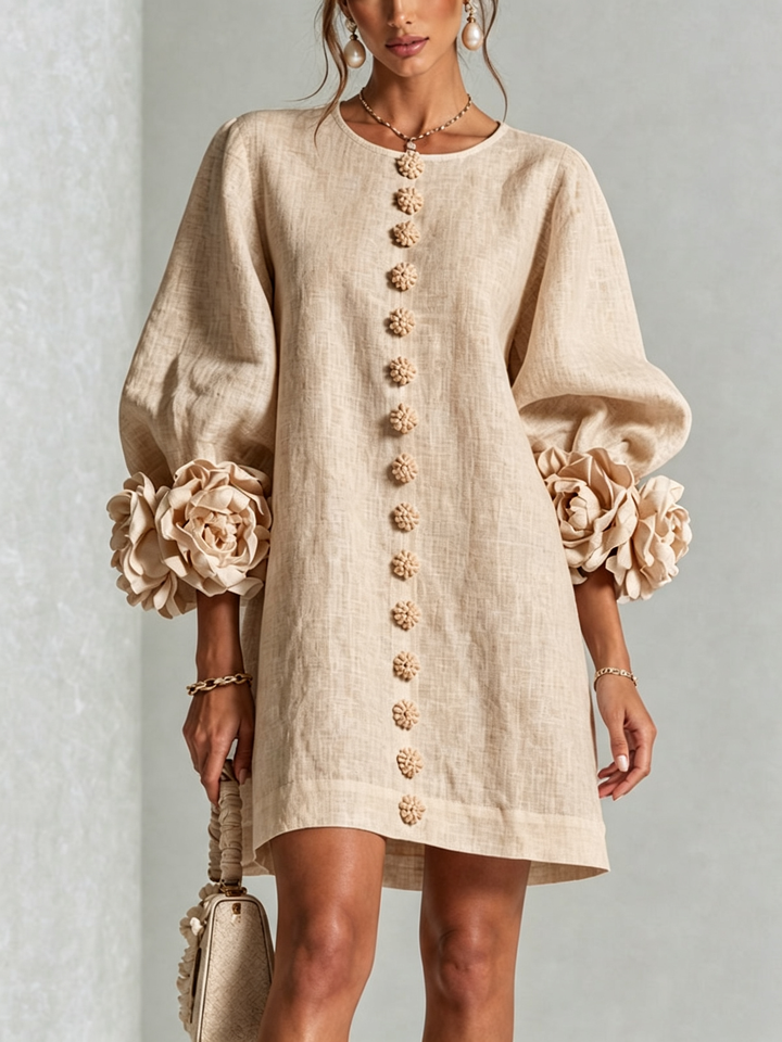 Linen-Blend Shirt Dress with Rosette Trim on the Sleeves.
