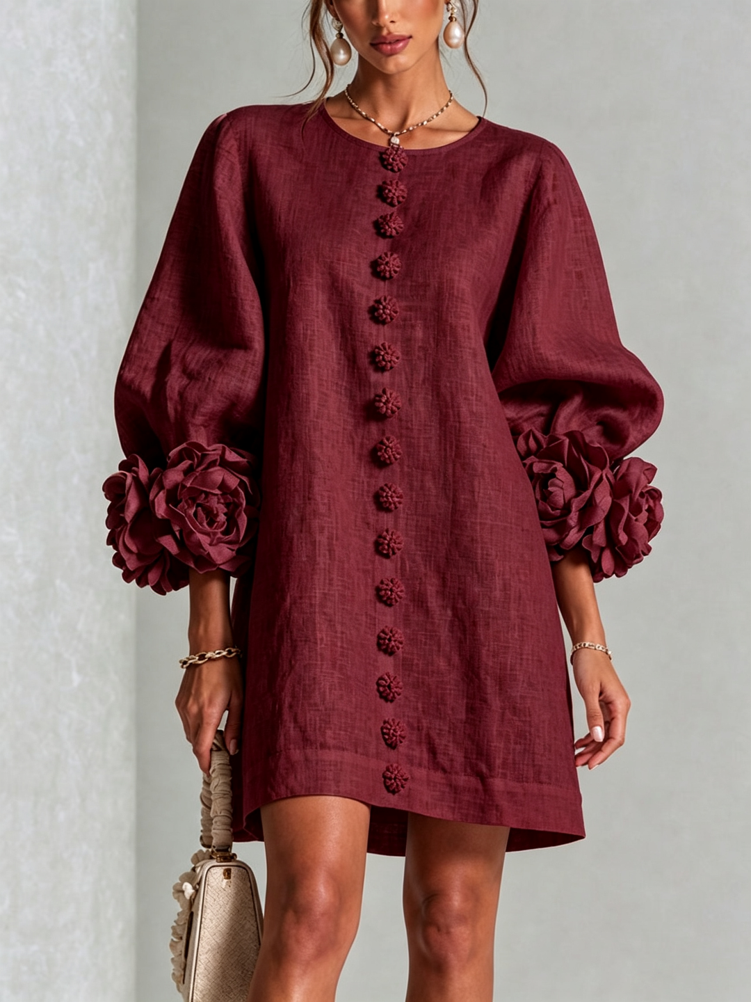 Linen-Blend Shirt Dress with Rosette Trim on the Sleeves.