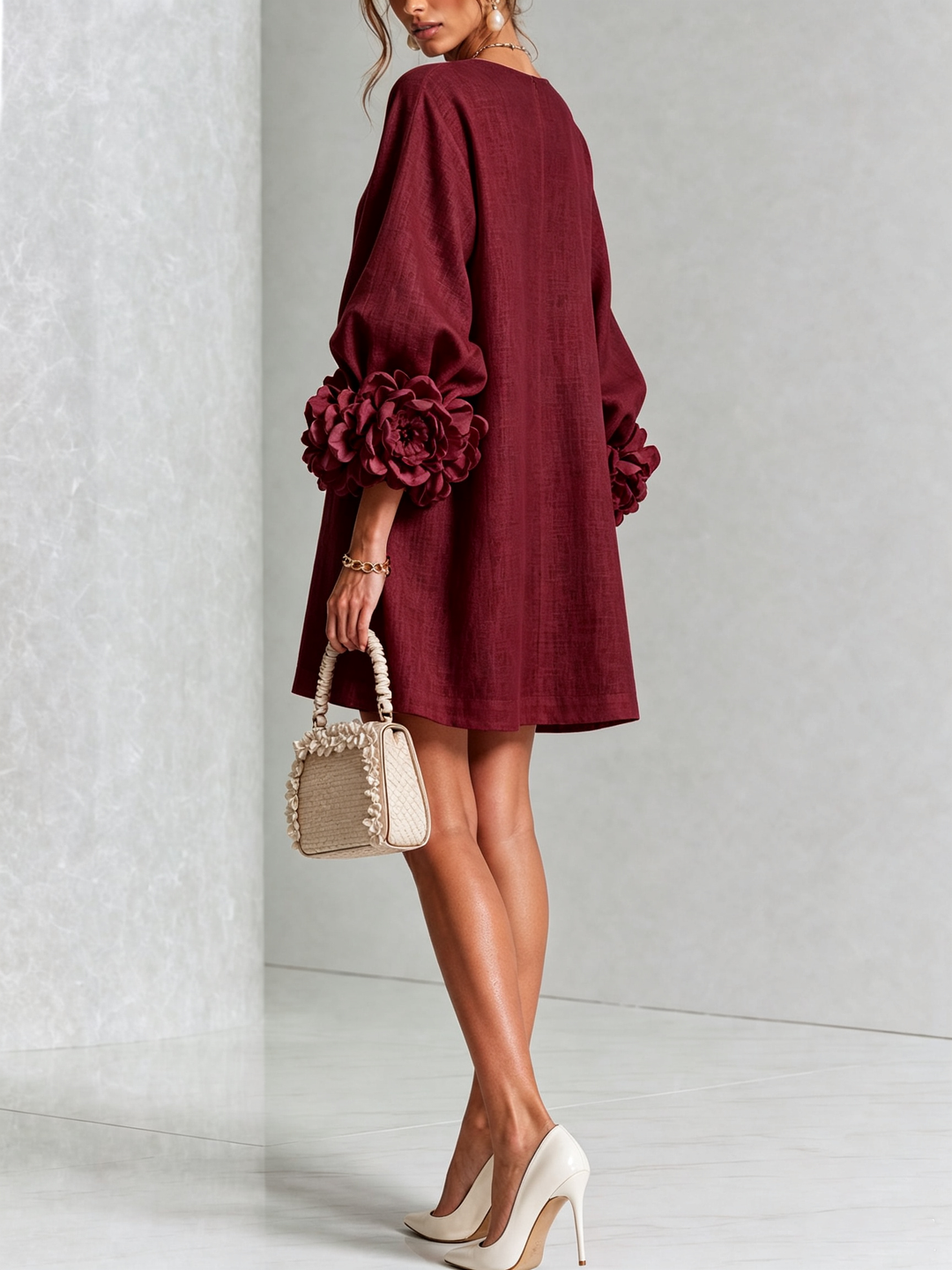 Linen-Blend Shirt Dress with Rosette Trim on the Sleeves.