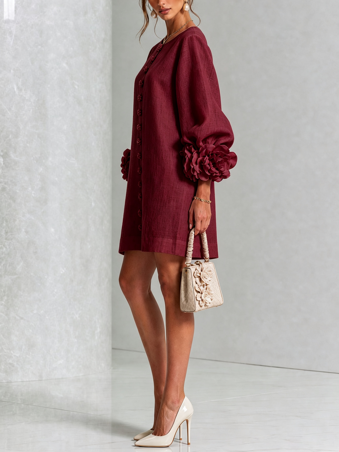 Linen-Blend Shirt Dress with Rosette Trim on the Sleeves.