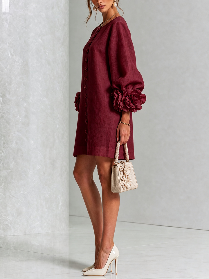 Linen-Blend Shirt Dress with Rosette Trim on the Sleeves.