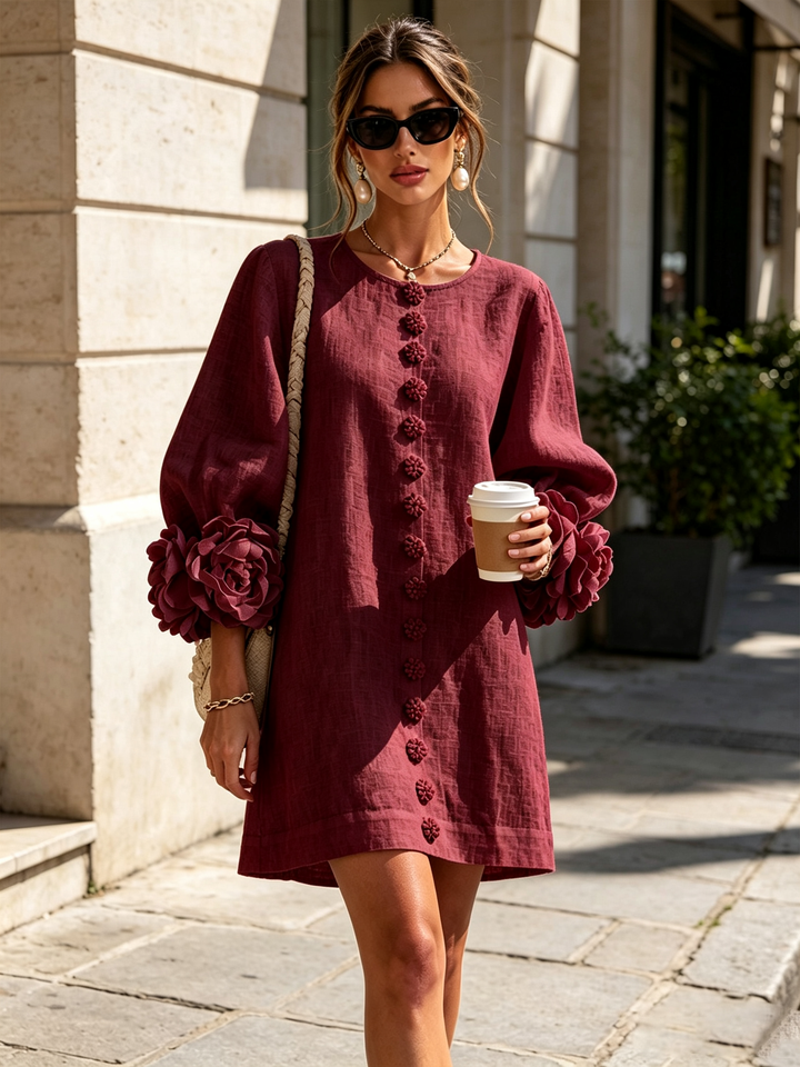 Linen-Blend Shirt Dress with Rosette Trim on the Sleeves.