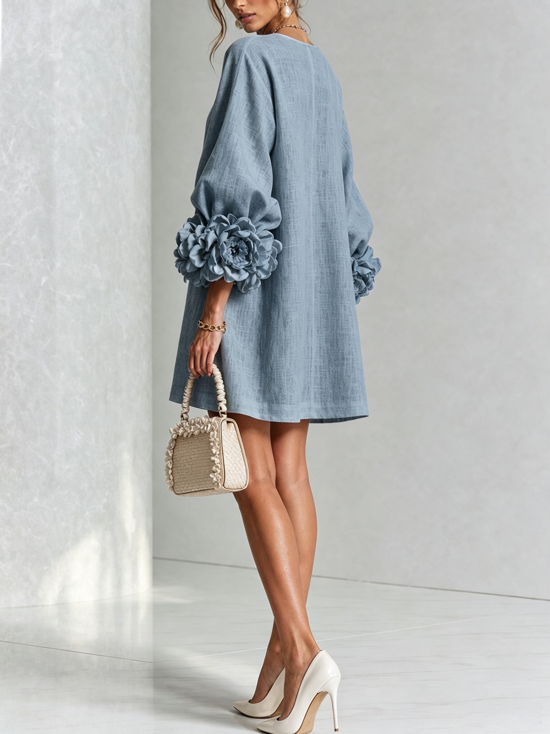 Linen-Blend Shirt Dress with Rosette Trim on the Sleeves.