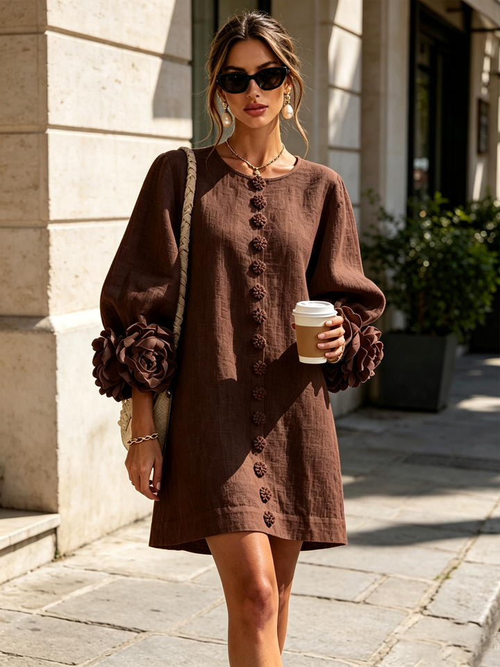 Linen-Blend Shirt Dress with Rosette Trim on the Sleeves.