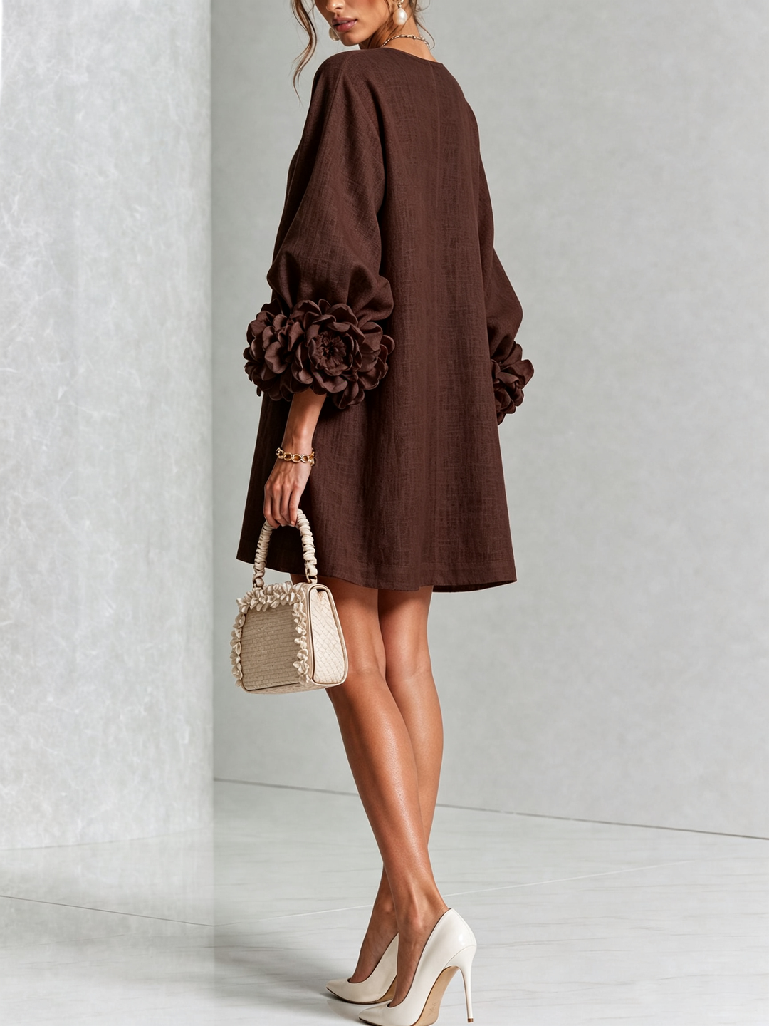 Linen-Blend Shirt Dress with Rosette Trim on the Sleeves.