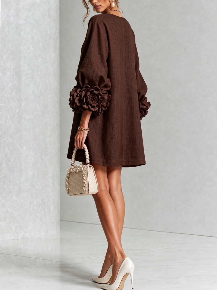 Linen-Blend Shirt Dress with Rosette Trim on the Sleeves.