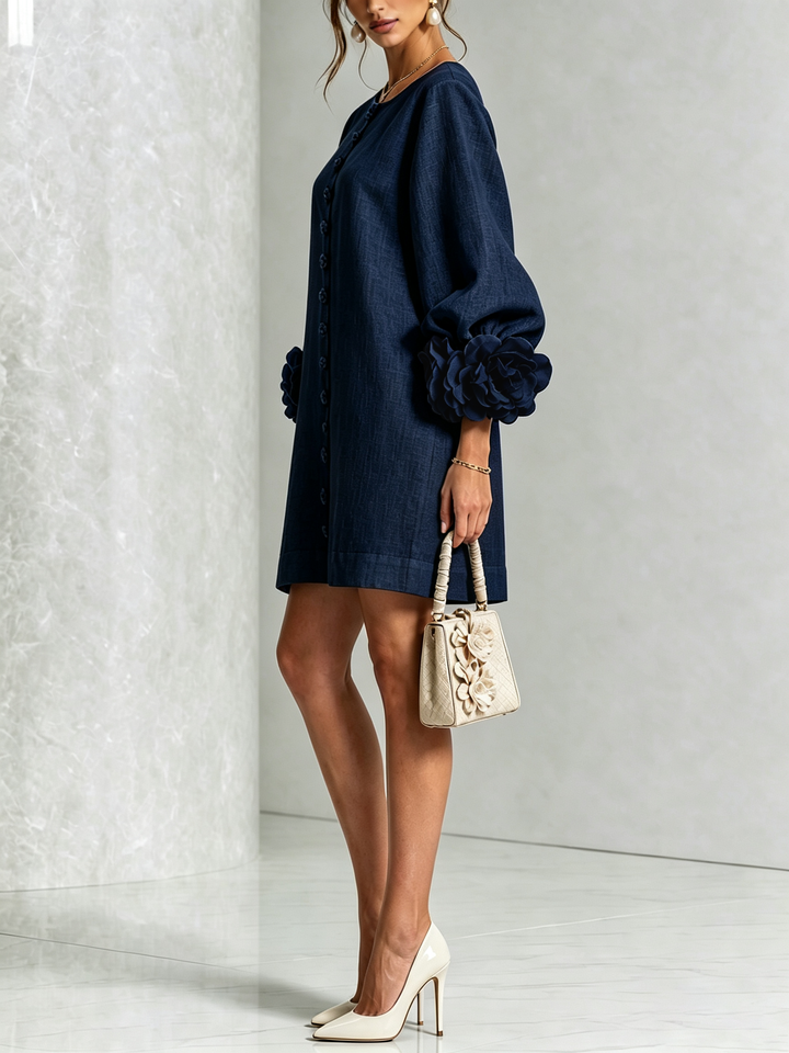Linen-Blend Shirt Dress with Rosette Trim on the Sleeves.