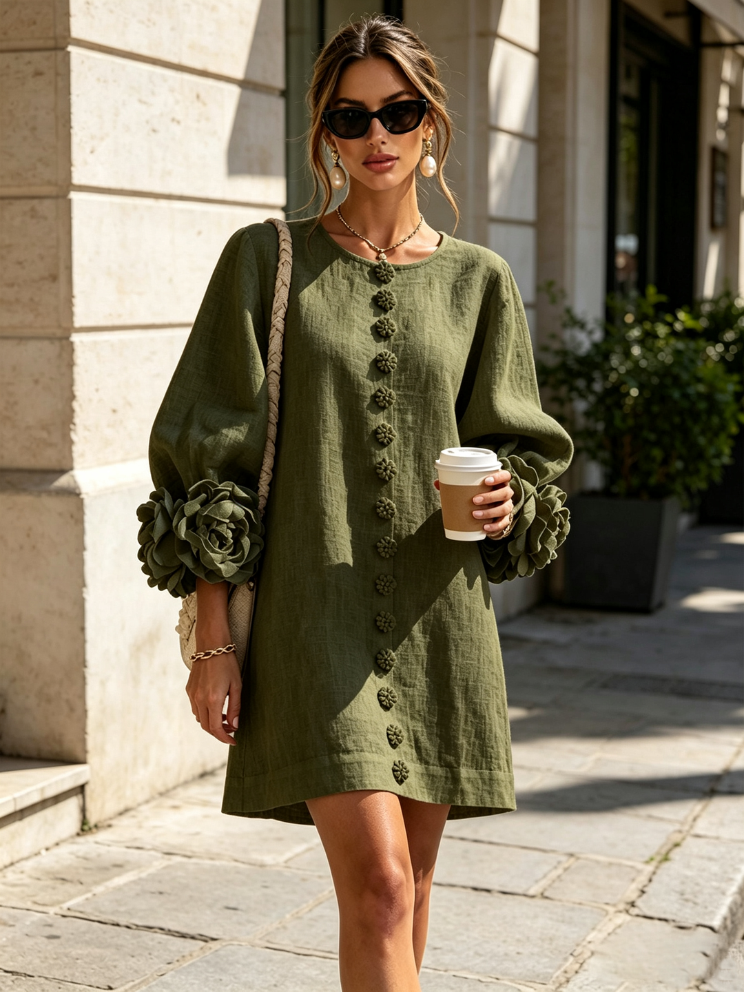 Linen-Blend Shirt Dress with Rosette Trim on the Sleeves.